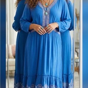 NWT Westbound Blue Long Boho cottage retro western embroidered Dress 2x